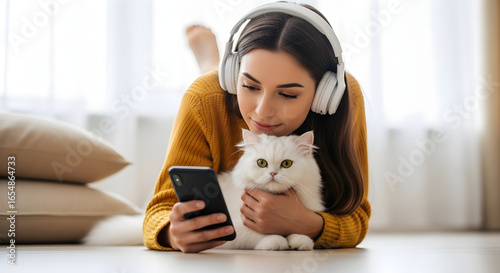 Woman relaxing at home listening to music with her fluffy cat using smartphone