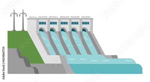 Hydroelectric dam generating renewable energy with flowing water in flat design