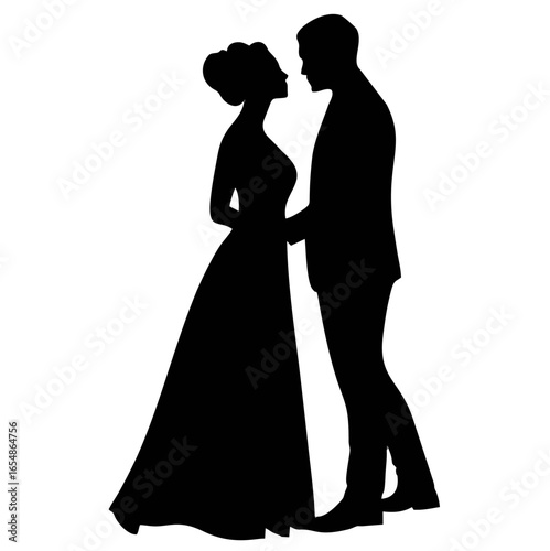 The bride and groom are stand...