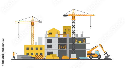 Modern construction scene with cranes and building in flat design