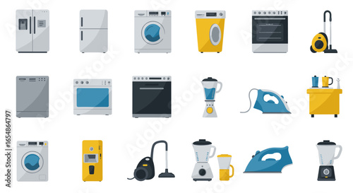 Modern home appliances collection featuring flat style kitchen and laundry equipment