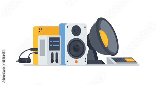 Modern audio equipment set with speakers and headphones in flat design