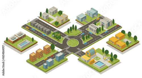 Isometric cityscape with crossroads and buildings in a modern urban setting