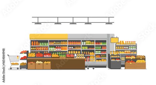 Grocery store interior with shelves full of colorful products