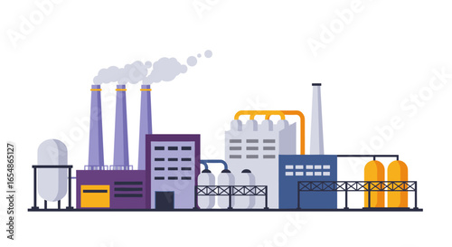 Flat design industrial factory with smokestacks and storage tanks