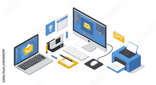 Efficient home office setup with dual monitors and printer in isometric style