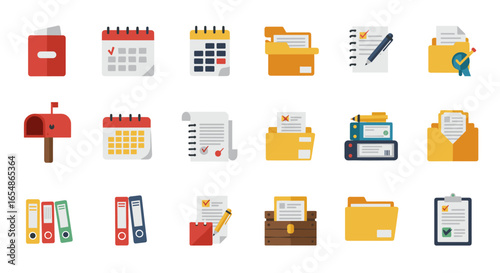 Colorful flat icons of office and document management tools
