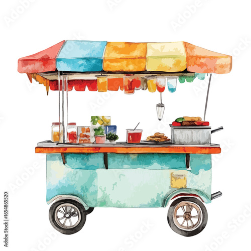 Watercolor food cart with colorful awning jars drinks and cooked food