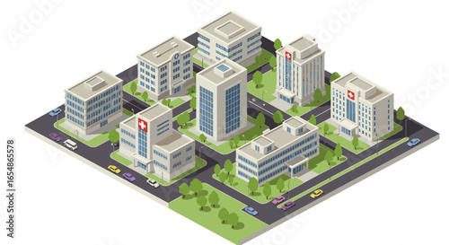 Isometric hospital complex with modern buildings and green spaces