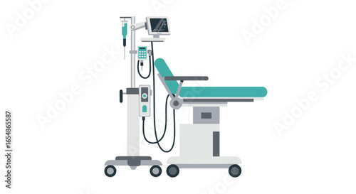 Flat medical equipment: hospital bed with ventilator set in minimalist style