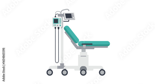 Modern medical chair with attached monitor and controls on wheels for hospital use