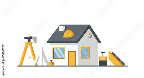 Construction and surveying tools surrounding house in flat design