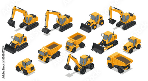 Isometric construction vehicles set with bulldozer, excavator, and dump truck design