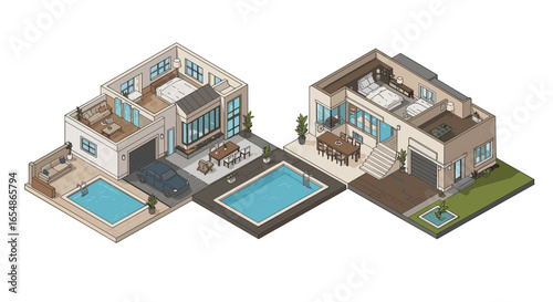 Modern isometric house design with pools and gardens for architectural visualization
