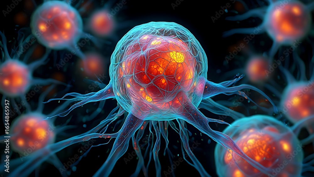Obraz premium Glowing cellular structures with tendrils biology science