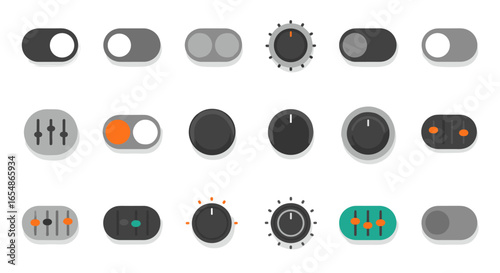 Modern flat style toggle and knob interface elements for ui design
