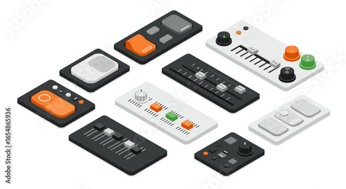 Modern audio mixer controls with isometric design for music production