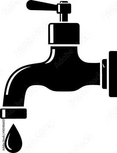 Vector art of black water faucet with a single drop falling, isolated on white background transparent background