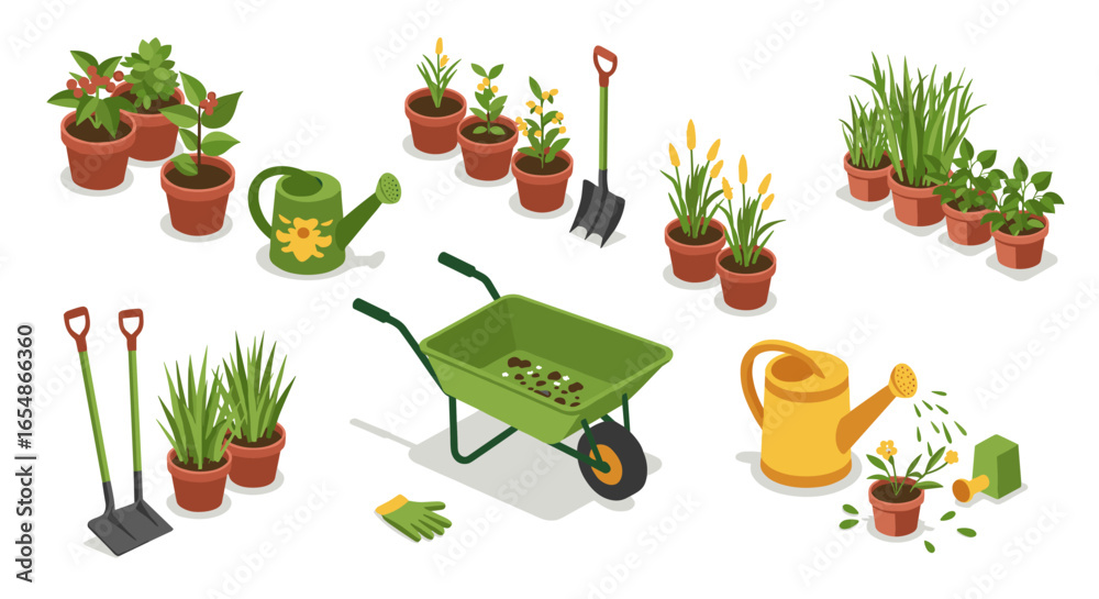 Isometric gardening tools and plants set with pots, watering cans, and shovels on white background
