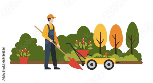 Gardener enjoying fall gardening with shovel and wheelbarrow in autumn park scene