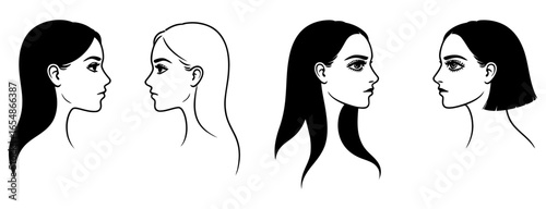 Four diverse women's profiles in stylish black and white line art, showcasing beauty and individuality