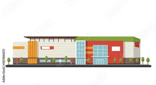 Modern shopping center with green roof and minimalist design