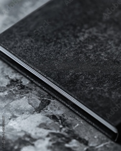 Close-up view of a black textured photo album.