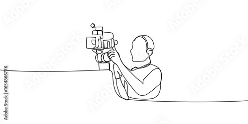Outline of modern cameraman shooting video with professional camera, minimalist linear film concept