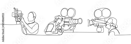 Line art of cinematographers operating vintage film cameras, minimalist continuous outline of movie crew at work