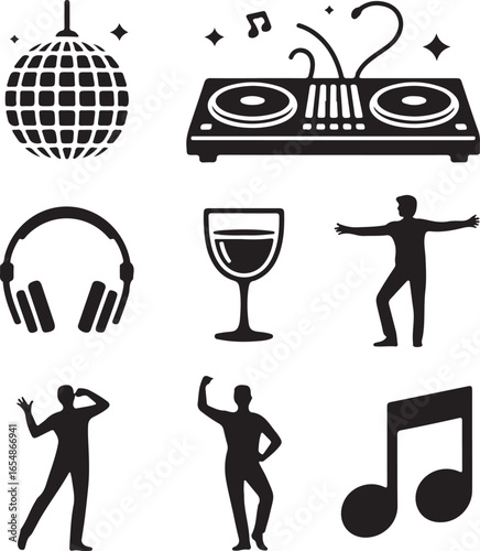 Party and music icons in black silhouette including disco ball DJ headphones dancing turntable