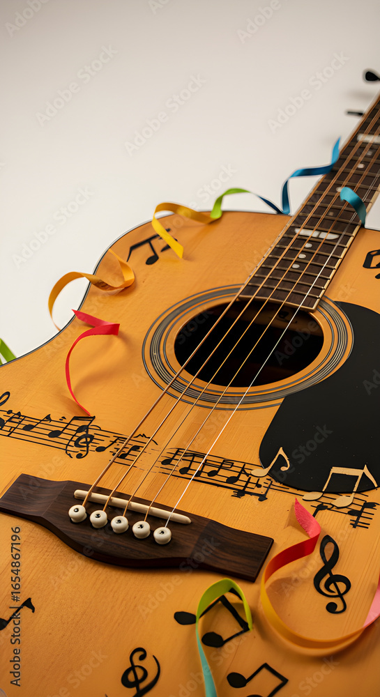 Fototapeta premium A detailed close-up shot of an acoustic guitar, featuring musical notes and colorful ribbons, evoking a sense of musical celebration