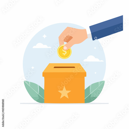 Hand Donating Coin To Orange Donation Box