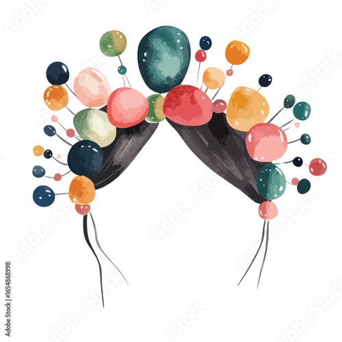 Watercolor Headdress with Colorful Orbs and Stylized Dark Hair