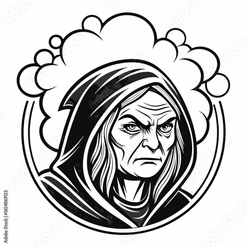 Black and white illustration of a stern hooded figure with textured details witch wizard