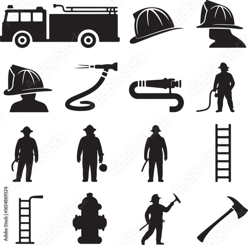 Firefighter Equipment Silhouette Collection Truck Helmet Hose Ladder Axe Hydrant fire truck fire engine