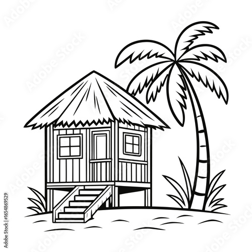 Black and white illustration of a tropical hut with a palm tree island beach
