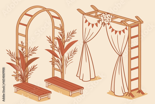 Boho wedding arch with benches and floral decorations