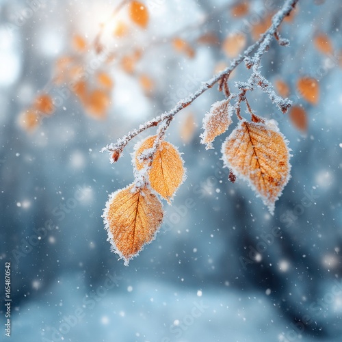 Fototapeta Naklejka Na Ścianę i Meble -  Frozen birch leaves on a branch in winter snowfall close up nature photography outdoors in a forest landscape