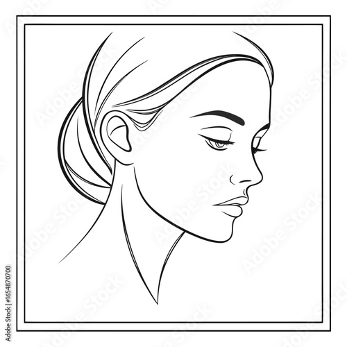 Black and white line art drawing of a woman's profile with hair in a bun face head
