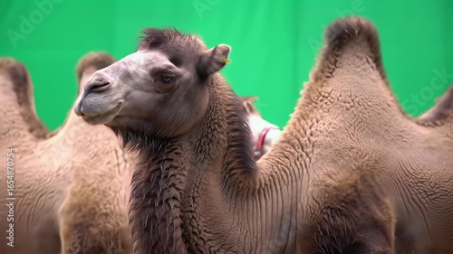 Close-up of Dromedary Camels Showing Humps and Head Against a Bright Green Screen Background, Ideal for Digital Compositing and VFX