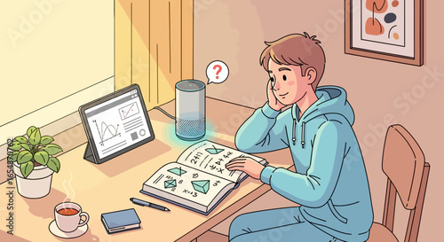 Boy Studying with Smart Speaker and Tablet Illustration.