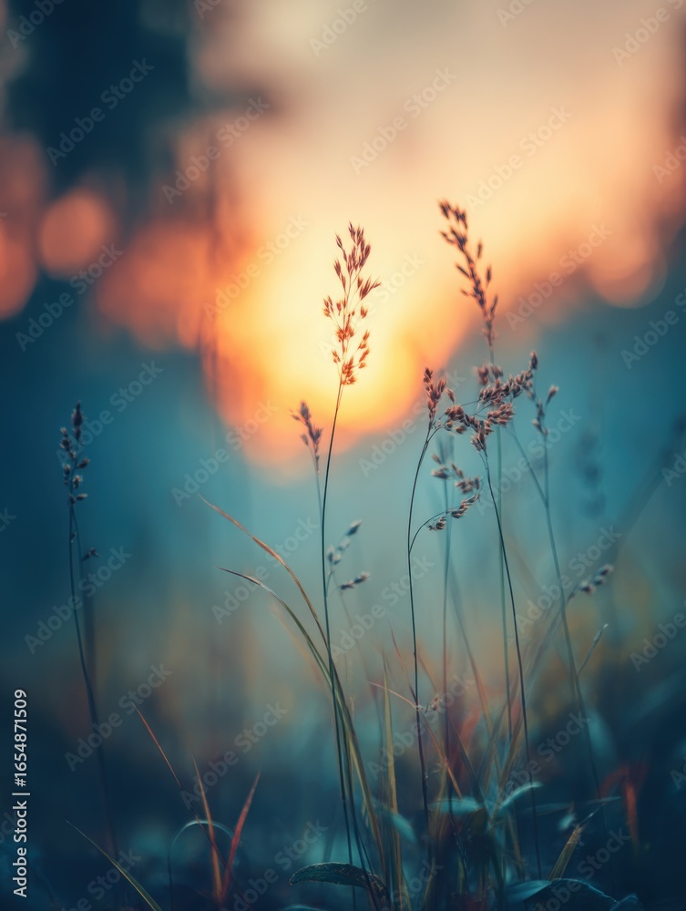 Obraz premium Meadow grass silhouette against sunset light in a dreamy landscape low angle nature photography