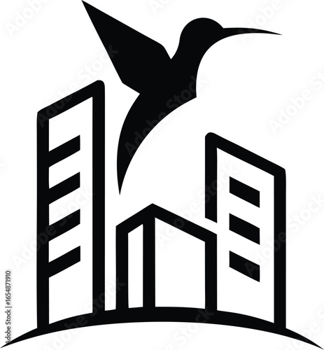 Hummingbird hovering over modern skyscraper illustration