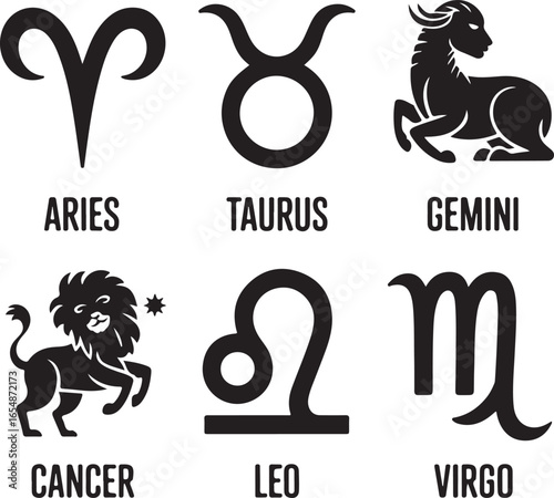 Zodiac Symbols Aries Taurus Gemini Cancer Leo Virgo Astrology Horoscope Signs vector illustration