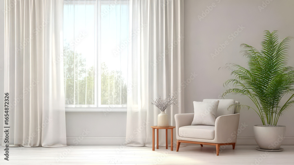 Fototapeta premium Minimalist living room featuring cozy armchair, small wooden table, and large windows with sheer curtains. space is bright and airy, enhanced by potted plant, creating serene atmosphere