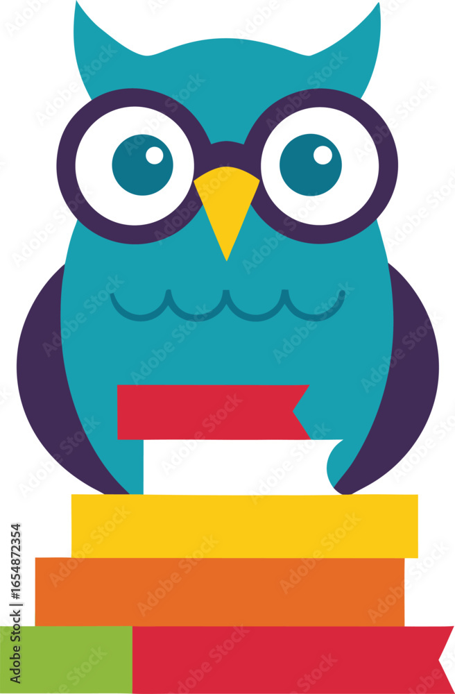 Fototapeta premium Wise old owl with spectacles perched on books