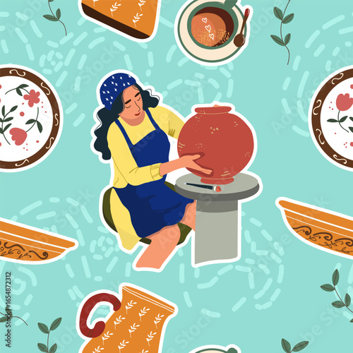 Pottery, workshop, ceramics, dishes seamless pattern in flat design. Hand drawn vector illustration.