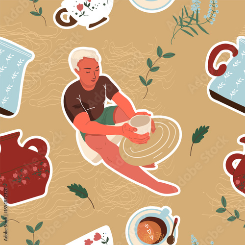 Pottery, workshop, ceramics, dishes seamless pattern in flat design. Hand drawn vector illustration.