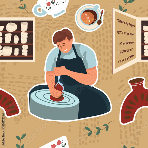 Pottery, workshop, ceramics, dishes seamless pattern in flat design. Hand drawn vector illustration.