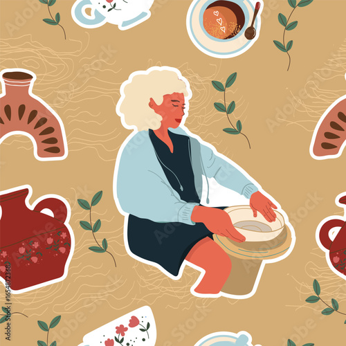 Pottery, workshop, ceramics, dishes seamless pattern in flat design. Hand drawn vector illustration.